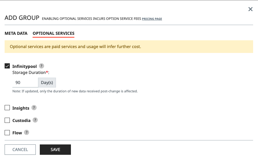 The Edit Group screen, on the Optional Services tab, showing the various opt-in services offered by NEQTO