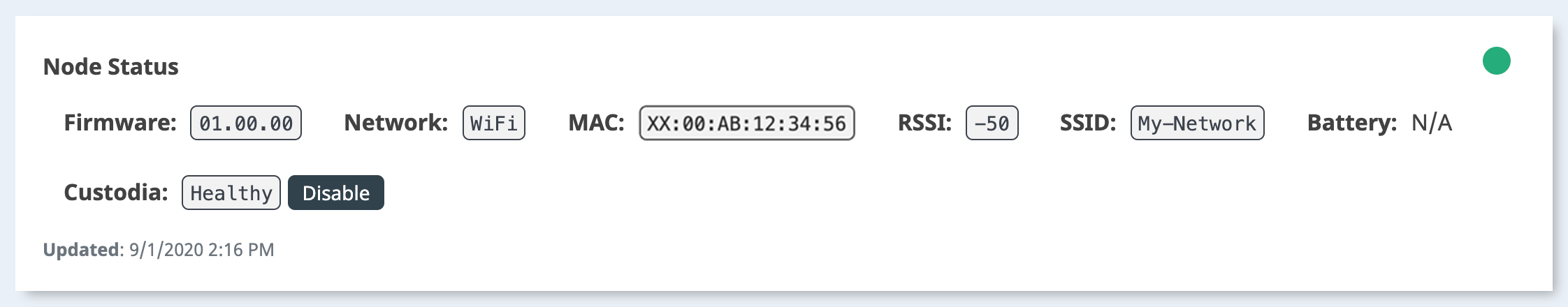 The Node Status area, with Custodia enabled